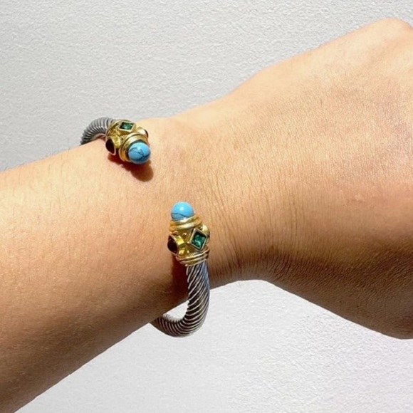 Silver twisted cuff bracelet with gold accents and rhinestones with turq… - Picture 2 of 5